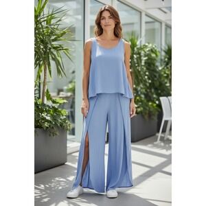 Bella Amore 3 Piece Set Tank Top Wide Leg Slit Pants Blue Viscose Italian Chic